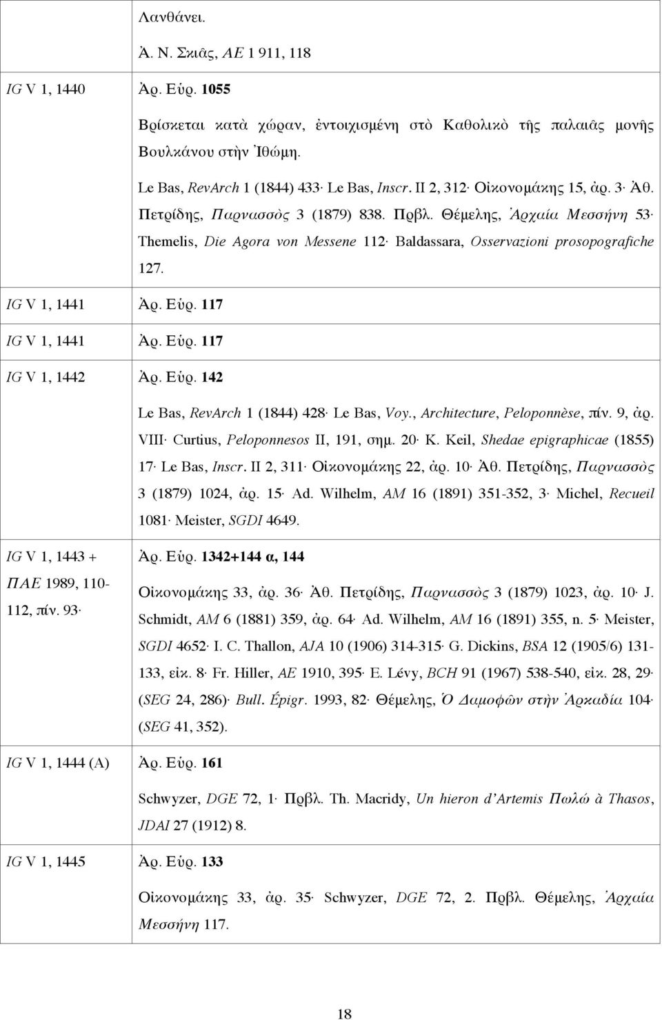 IG V 1, 1441 Ἀρ. Εὑρ. 117 IG V 1, 1441 Ἀρ. Εὑρ. 117 IG V 1, 1442 Ἀρ. Εὑρ. 142 Le Bas, RevArch 1 (1844) 428 Le Bas, Voy., Architecture, Peloponnèse, πίν. 9, ἀρ. VIII Curtius, Peloponnesos II, 191, σημ.