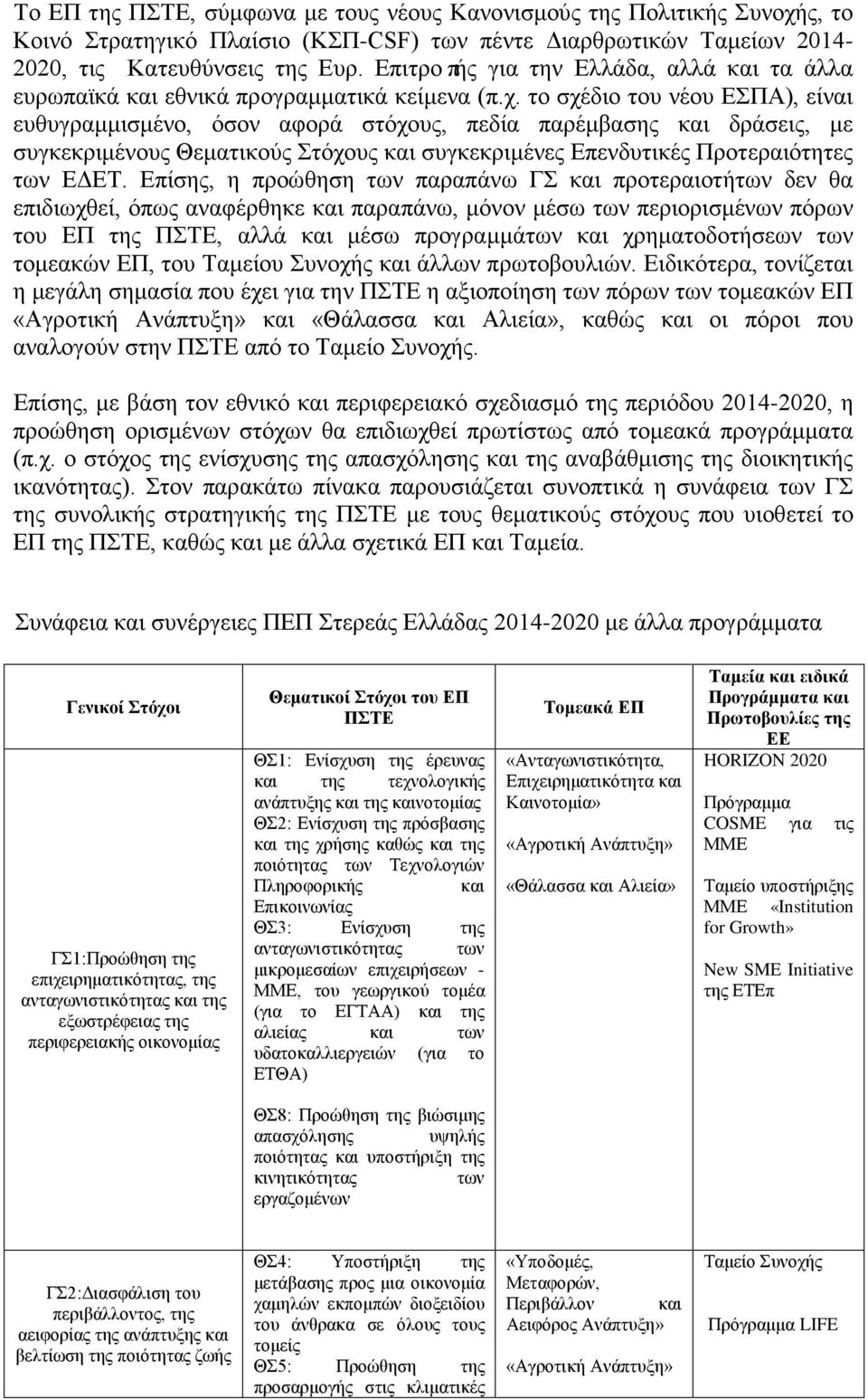 το σχέδιο του νέου ΕΣΠΑ), είναι ευθυγραμμισμένο, όσον αφορά στόχους, πεδία παρέμβασης και δράσεις, με συγκεκριμένους Θεματικούς Στόχους και συγκεκριμένες Επενδυτικές Προτεραιότητες των ΕΔΕΤ.
