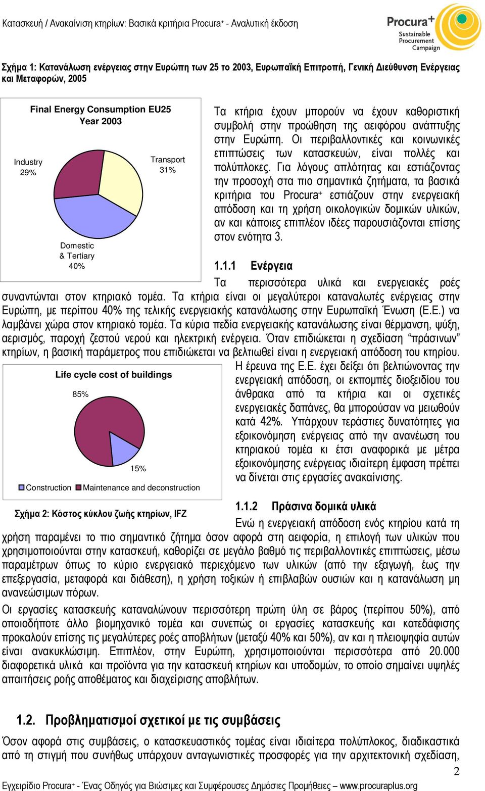 Για λόγους απλότητας και εστιάζοντας την προσοχή στα πιο σηµαντικά ζητήµατα, τα βασικά κριτήρια του Procura + εστιάζουν στην ενεργειακή απόδοση και τη χρήση οικολογικών δοµικών υλικών, αν και κάποιες