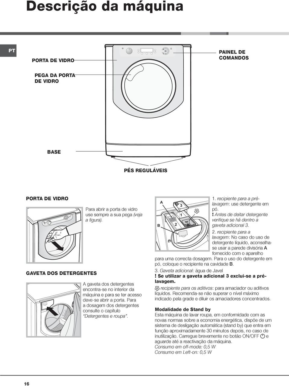 Para a dosagem dos detergentes consulte o capítulo Detergentes e roupa. B A 2 3 1 1. recipiente para a prélavagem: use detergente em pó.