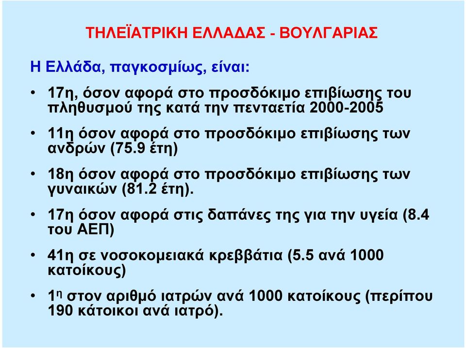 9 έτη) 18η όσον αφορά στο προσδόκιμο επιβίωσης των γυναικών (81.2 έτη).