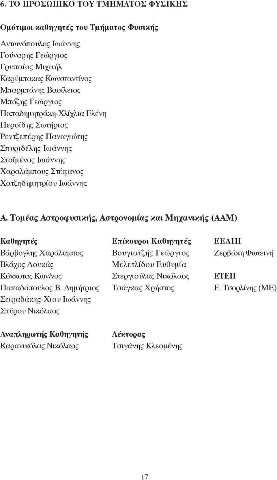 Τομέας Αστροφυσικής, Αστρονομίας και Μηχανικής (ΑΑΜ) Καθηγητές Επίκουροι Καθηγητές ΕΕΔΙΠ Βάρβογλης Χαράλαμπος Βουγιατζής Γεώργιος Ζερβάκη Φωτεινή Βλάχος Λουκάς Μελετλίδου Ευθυμία