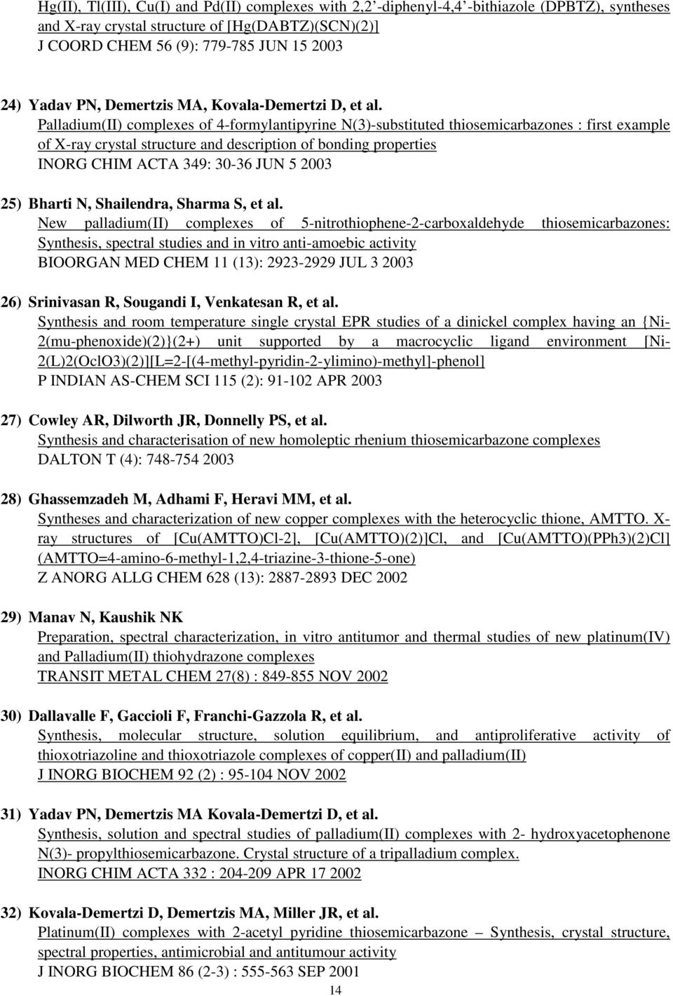 Palladium(II) complexes of 4-formylantipyrine N(3)-substituted thiosemicarbazones : first example of X-ray crystal structure and description of bonding properties INORG CHIM ACTA 349: 30-36 JUN 5