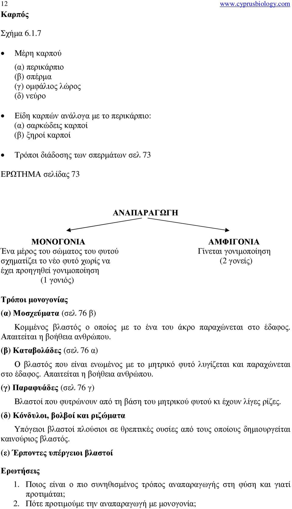 γονιµοποίηση (2 γονείς) Τρόποι µονογονίας (α) Μοσχεύµατα (σελ 76 β) Κοµµένος βλαστός ο οποίος µε το ένα του άκρο παραχώνεται στο έδαφος. Απαιτείται η βοήθεια ανθρώπου.