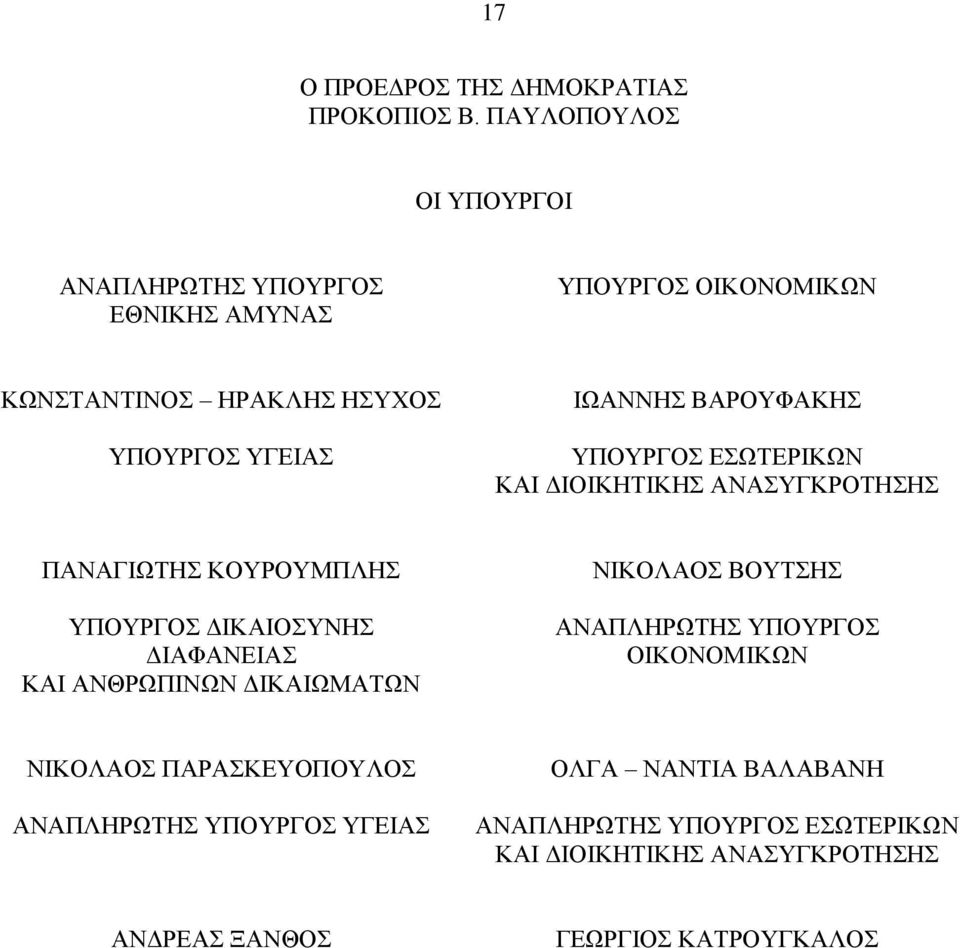 ΒΑΡΟΥΦΑΚΗΣ ΥΠΟΥΡΓΟΣ ΕΣΩΤΕΡΙΚΩΝ ΚΑΙ ΔΙΟΙΚΗΤΙΚΗΣ ΑΝΑΣΥΓΚΡΟΤΗΣΗΣ ΠΑΝΑΓΙΩΤΗΣ ΚΟΥΡΟΥΜΠΛΗΣ ΥΠΟΥΡΓΟΣ ΔΙΚΑΙΟΣΥΝΗΣ ΔΙΑΦΑΝΕΙΑΣ ΚΑΙ ΑΝΘΡΩΠΙΝΩΝ