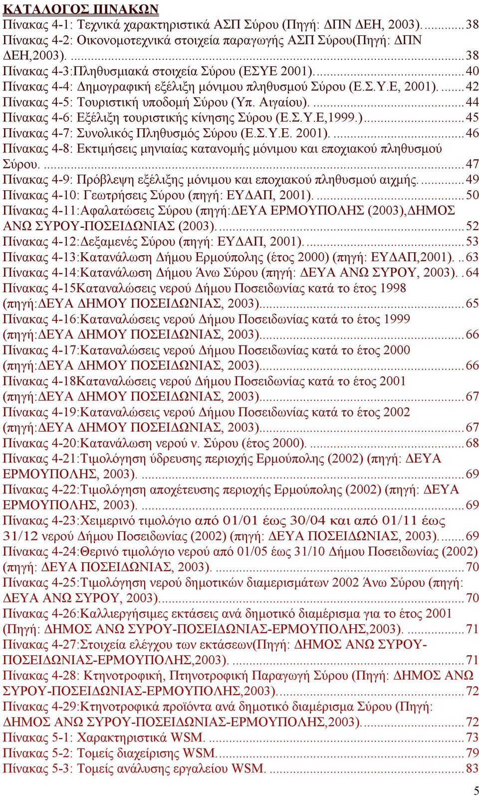 ...44 Πίνακας 4-6: Εξέλιξη τουριστικής κίνησης Σύρου (Ε.Σ.Υ.Ε,1999.)...45 Πίνακας 4-7: Συνολικός Πληθυσµός Σύρου (Ε.Σ.Υ.Ε. 2001).