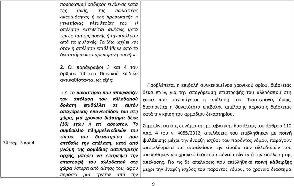 Οι παράγραφοι 3 και 4 του άρθρου 74 του Ποινικού Κώδικα αντικαθίστανται ως εξής: «3.