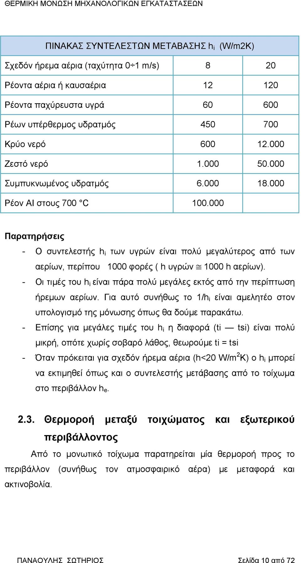 000 Παρατηρήσεις - Ο συντελεστής h i των υγρών είναι πολύ μεγαλύτερος από των αερίων, περίπου 1000 φορές ( h υγρών 1000 h αερίων).