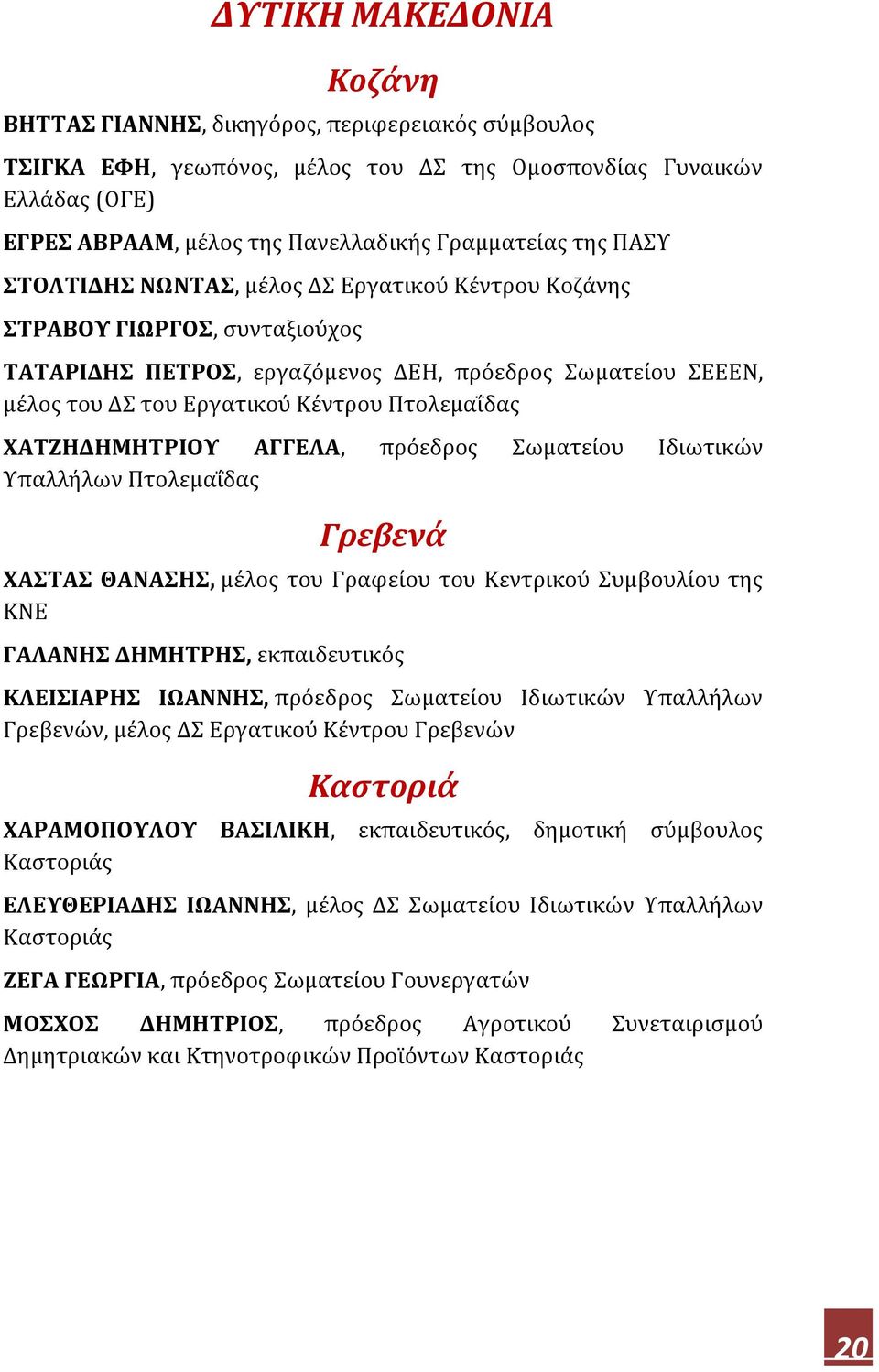 ΧΑΤΖΗΔΗΜΗΤΡΙΟΥ ΑΓΓΕΛΑ, πρόεδρος Σωματείου Ιδιωτικών Υπαλλήλων Πτολεμαΐδας Γρεβενά ΧΑΣΤΑΣ ΘΑΝΑΣΗΣ, μέλος του Γραφείου του Κεντρικού Συμβουλίου της ΚΝΕ ΓΑΛΑΝΗΣ ΔΗΜΗΤΡΗΣ, εκπαιδευτικός ΚΛΕΙΣΙΑΡΗΣ