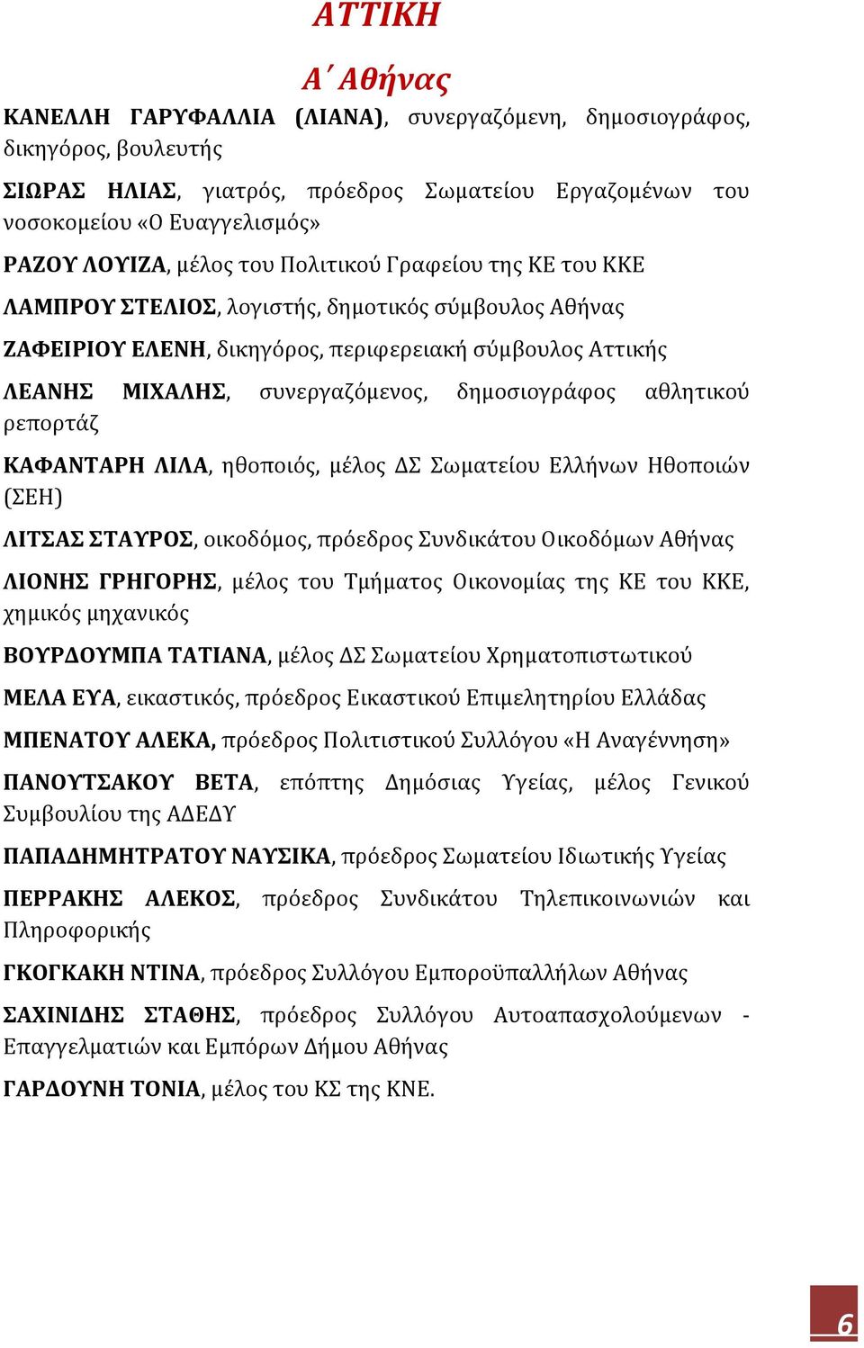 δημοσιογράφος αθλητικού ρεπορτάζ ΚΑΦΑΝΤΑΡΗ ΛΙΛΑ, ηθοποιός, μέλος ΔΣ Σωματείου Ελλήνων Ηθοποιών (ΣΕΗ) ΛΙΤΣΑΣ ΣΤΑΥΡΟΣ, οικοδόμος, πρόεδρος Συνδικάτου Οικοδόμων Αθήνας ΛΙΟΝΗΣ ΓΡΗΓΟΡΗΣ, μέλος του