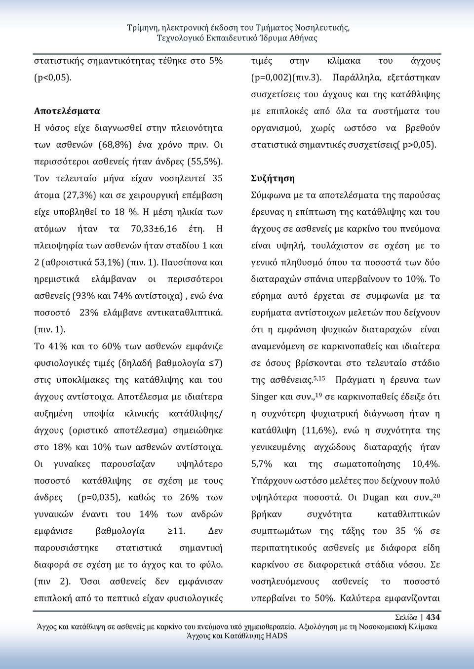 Η πλειοψηφία των ασθενών ήταν σταδίου 1 και 2 (αθροιστικά 53,1%) (πιν. 1).