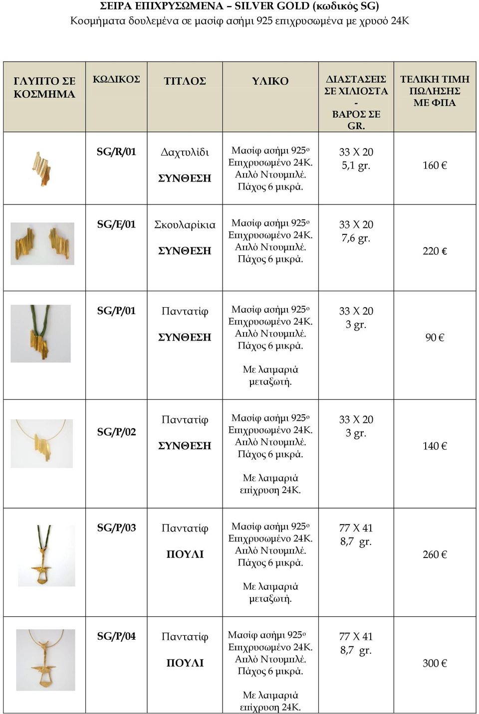 ΒΑΡΟΣ ΣE GR. SG/R/01 Δαχτυλίδι 5,1 gr. 160 SG/E/01 Σκουλαρίκια 7,6 gr. 220 SG/P/01 3 gr.