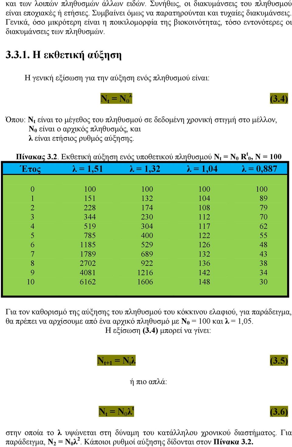 Η εκθετική αύξηση Η γενική εξίσωση για την αύξηση ενός πληθυσμού είναι: Ν t = N 0 λ (3.