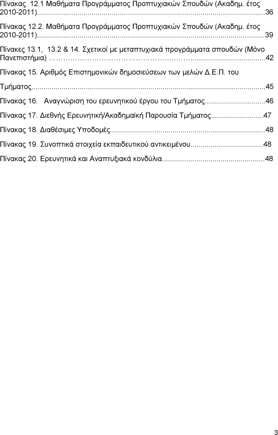 ..45 Πίνακας 16. Αναγνώριση του ερευνητικού έργου του Τμήματος...46 Πίνακας 17. Διεθνής Ερευνητική/Ακαδημαϊκή Παρουσία Τμήματος...47 Πίνακας 18.