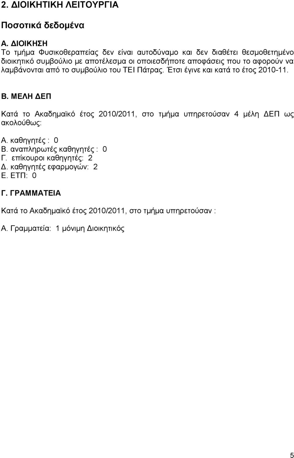 το αφορούν να λαμβάνονται από το συμβούλιο του ΤΕΙ Πάτρας. Έτσι έγινε και κατά το έτος 2010-11. Β.