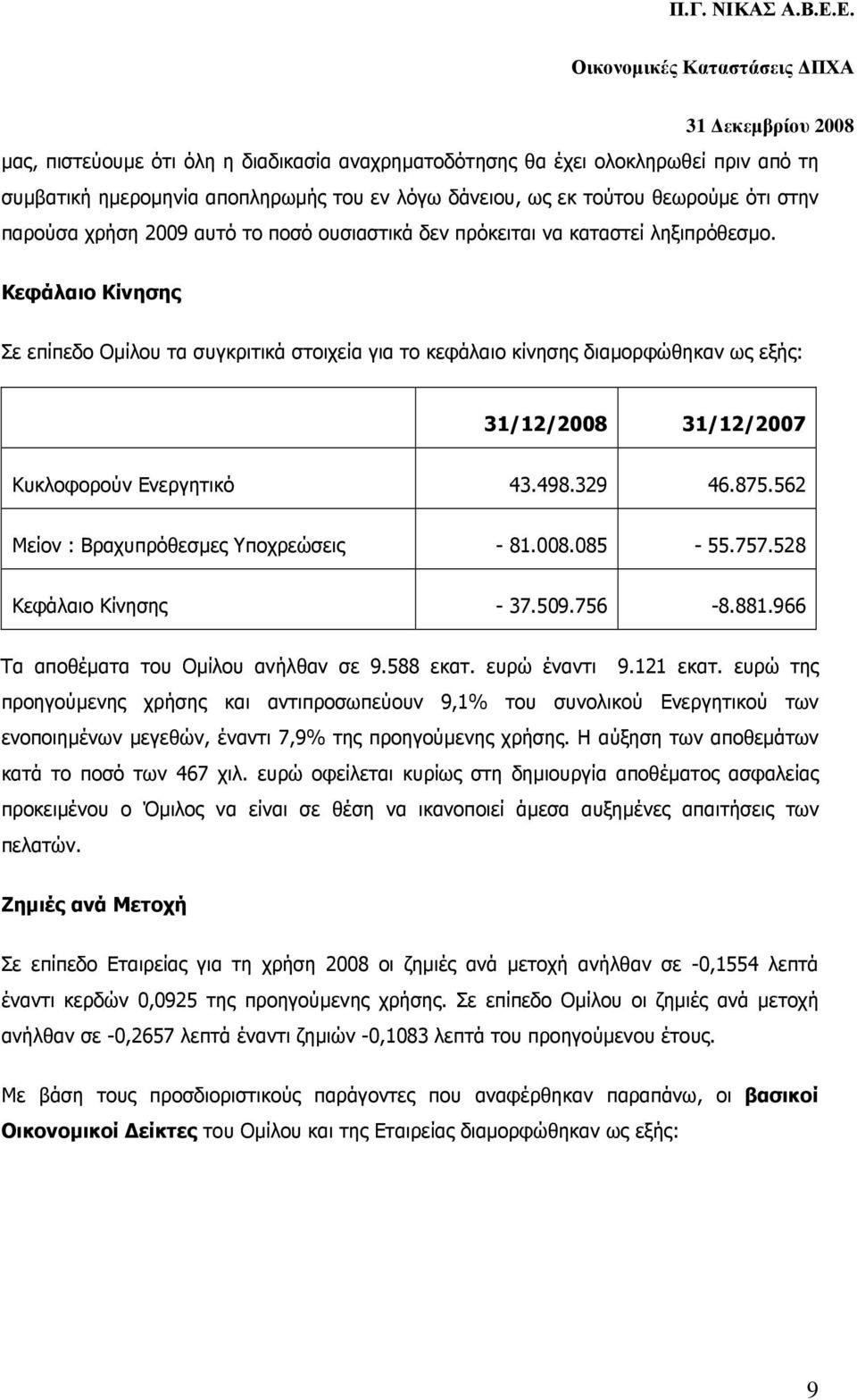 Κεφάλαιο Κίνησης Σε επίπεδο Οµίλου τα συγκριτικά στοιχεία για το κεφάλαιο κίνησης διαµορφώθηκαν ως εξής: 31/12/2008 31/12/2007 Κυκλοφορούν Ενεργητικό 43.498.329 46.875.