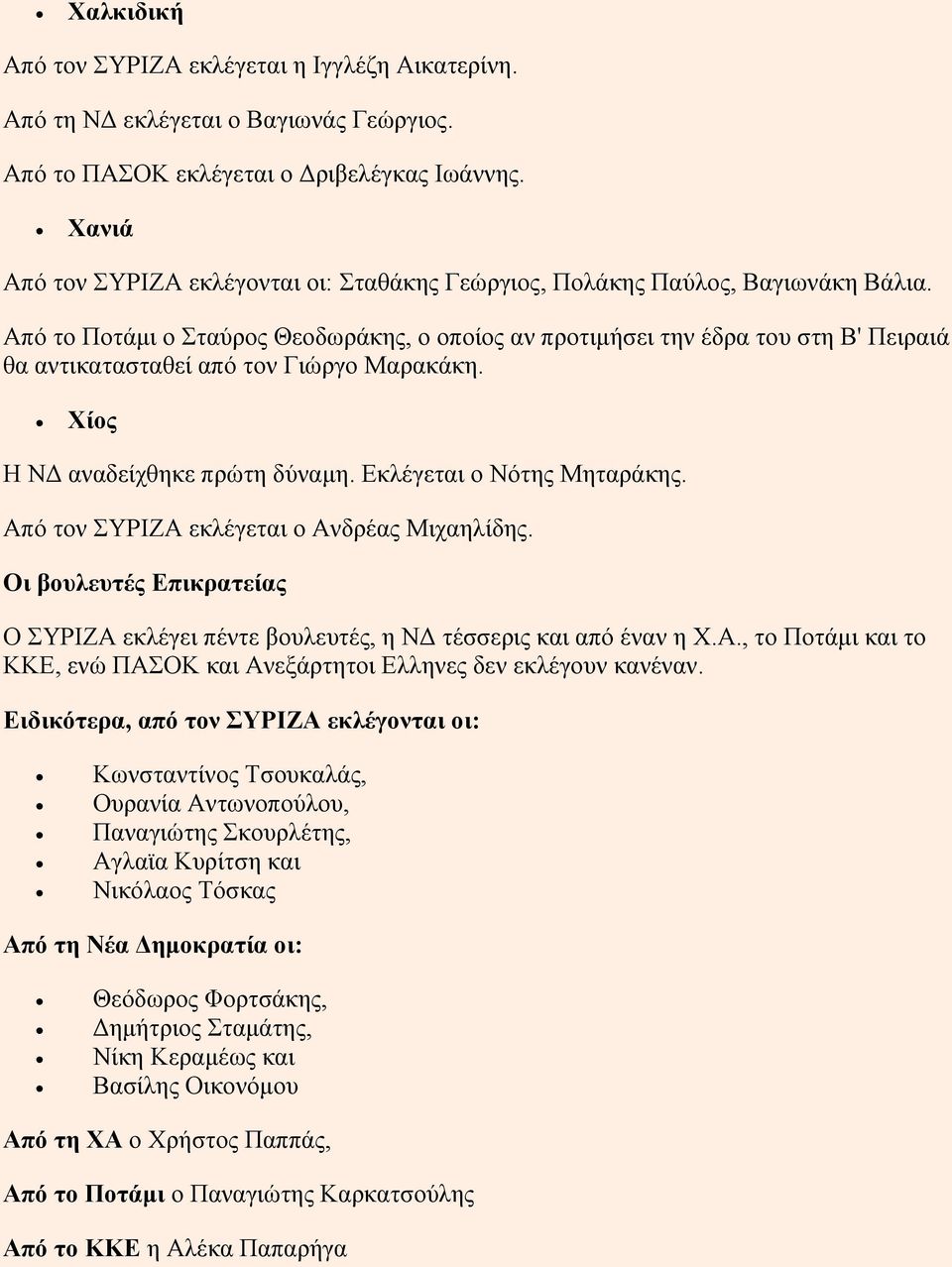 Από το Ποτάμι ο Σταύρος Θεοδωράκης, ο οποίος αν προτιμήσει την έδρα του στη Β' Πειραιά θα αντικατασταθεί από τον Γιώργο Μαρακάκη. Χίος Η ΝΔ αναδείχθηκε πρώτη δύναμη. Εκλέγεται ο Νότης Μηταράκης.