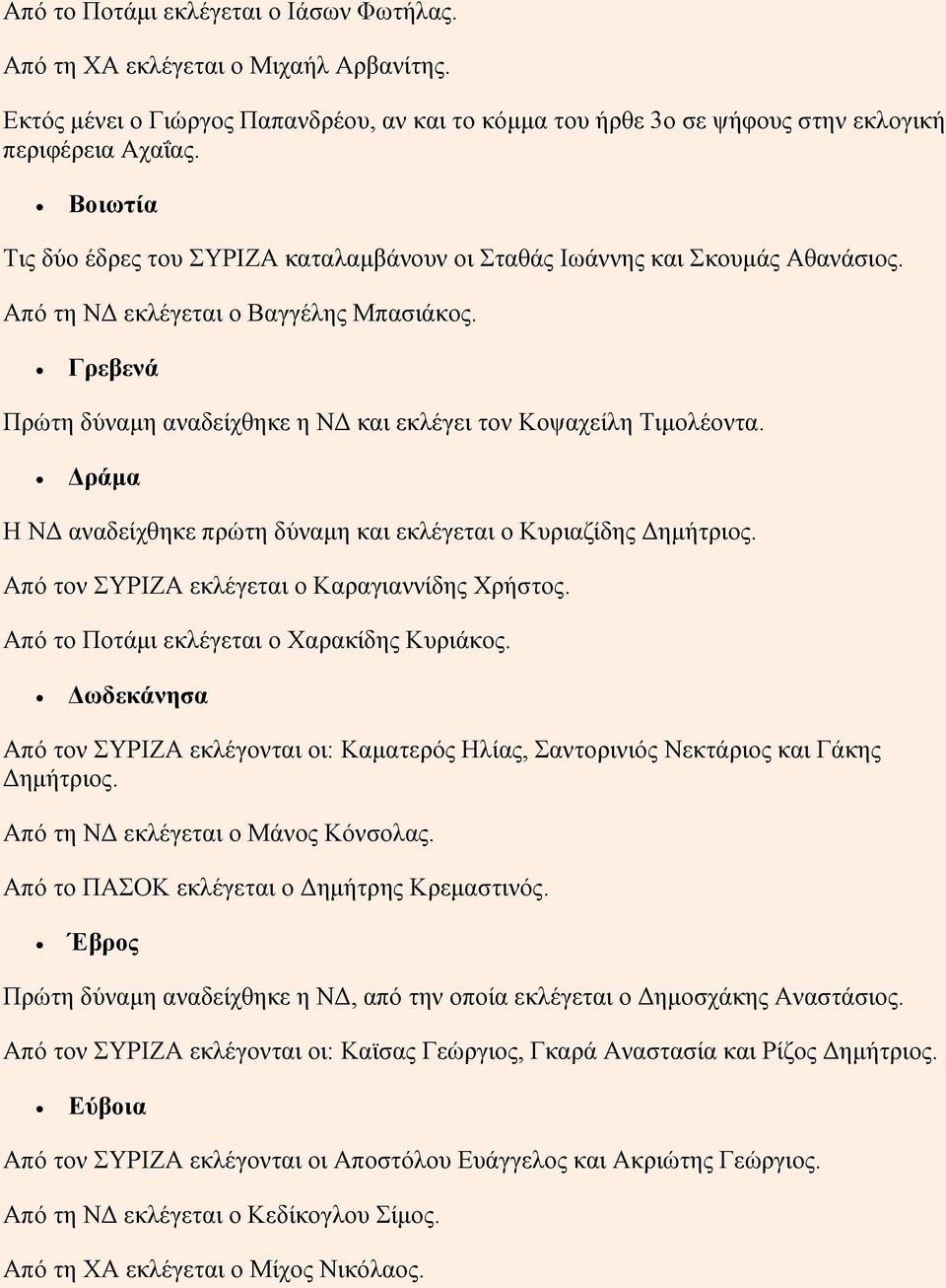 Γρεβενά Πρώτη δύναμη αναδείχθηκε η ΝΔ και εκλέγει τον Κοψαχείλη Τιμολέοντα. Δράμα Η ΝΔ αναδείχθηκε πρώτη δύναμη και εκλέγεται ο Κυριαζίδης Δημήτριος. Από τον ΣΥΡΙΖΑ εκλέγεται ο Καραγιαννίδης Χρήστος.