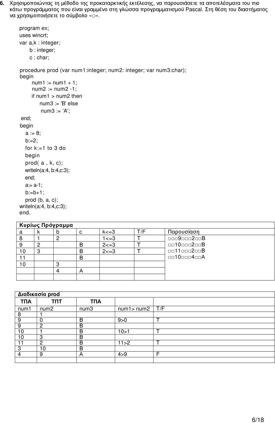 program ex; uses wincrt; var a,k : integer; b : integer; c : char; procedure prod (var num1:integer; num2: integer; var num3:char); begin num1 := num1 + 1; num2 := num2-1; if num1 > num2 then num3 :=