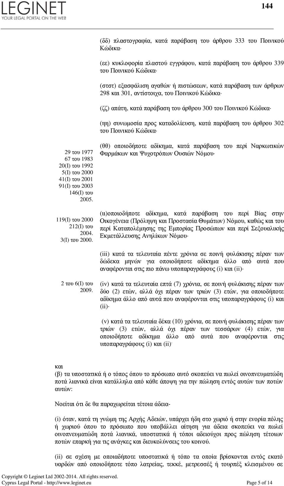 Ποινικού Κώδικα 29 του 1977 67 του 1983 20(Ι) του 1992 5(Ι) του 2000 41(Ι) του 2001 91(Ι) του 2003 146(Ι) του 2005. 119(Ι) του 2000 212(Ι) του 2004. 3(Ι) του 2000.