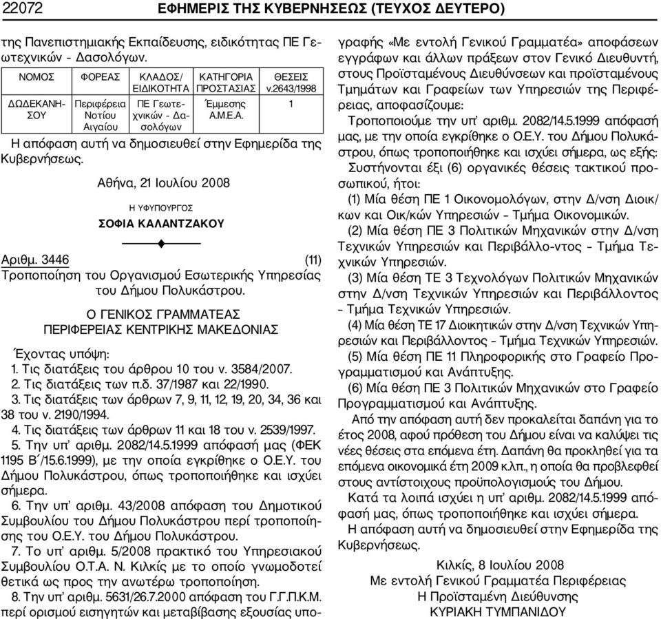 2643/1998 Αθήνα, 21 Ιουλίου 2008 Η ΥΦΥΠΟΥΡΓΟΣ ΣΟΦΙΑ ΚΑΛΑΝΤΖΑΚΟΥ Αριθμ. 3446 (11) Τροποποίηση του Οργανισμού Εσωτερικής Υπηρεσίας του Δήμου Πολυκάστρου.