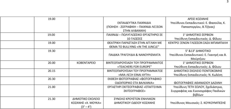 15 ΒΙΝΤΕΟΠΑΡΟΥΣΙΑΗ ΤΟΥ ΠΡΟΓΡΑΜΜΑΤΟΣ «ΜΙΑ ΛΕΞΗ ΕΙΝΑΙ ΑΥΤΗ» 20.30 ΕΚΘΕΣΗ ΦΩΤΟΓΡΑΦΙΑΣ «ΦΩΤΟΓΡΑΦΙΚΟ ΟΔΟΙΠΟΡΙΚΟ ΣΤΑ ΒΑΛΚΑΝΙΑ» 21.00 ΕΡΓΑΣΤΗΡΙ ΣΚΙΤΣΟΓΡΑΦΙΑΣ «ΕΠΑΓΓΕΛΜΑ ΣΚΙΤΣΟΓΡΑΦΟΣ» 21.