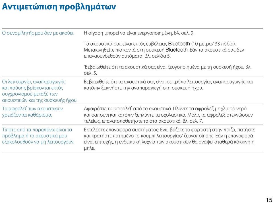 Οι λειτουργίες αναπαραγωγής και παύσης βρίσκονται εκτός συγχρονισμού μεταξύ των ακουστικών και της συσκευής ήχου. Τα αφρολέξ των ακουστικών χρειάζονται καθάρισμα.