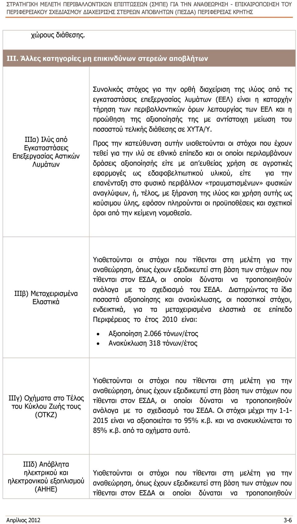 λυµάτων (ΕΕΛ) είναι η καταρχήν τήρηση των περιβαλλοντικών όρων λειτουργίας των ΕΕΛ και η προώθηση της αξιοποίησής της µε αντίστοιχη µείωση του ποσοστού τελικής διάθεσης σε ΧΥΤΑ/Υ.