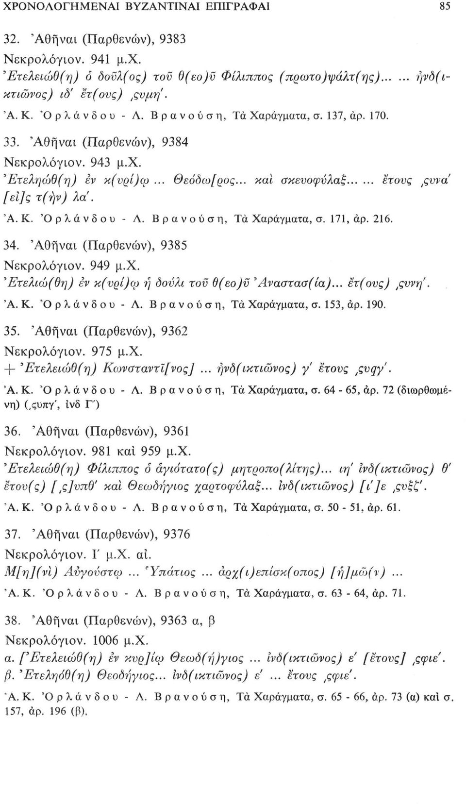 Βρανούση, Τα Χαράγματα, σ. 171, άρ. 216. 34. (Παρθενών), 9385 Νεκρολόγιον. 949 μ.χ. Έτελιώ(θη) εν κ(νρί)φ ή δονλι τον Β(εο)ν Άναστασ(ία)... ετ(ονς) fiwr\. Ά. Κ. 'Ορλάνδου - Α.