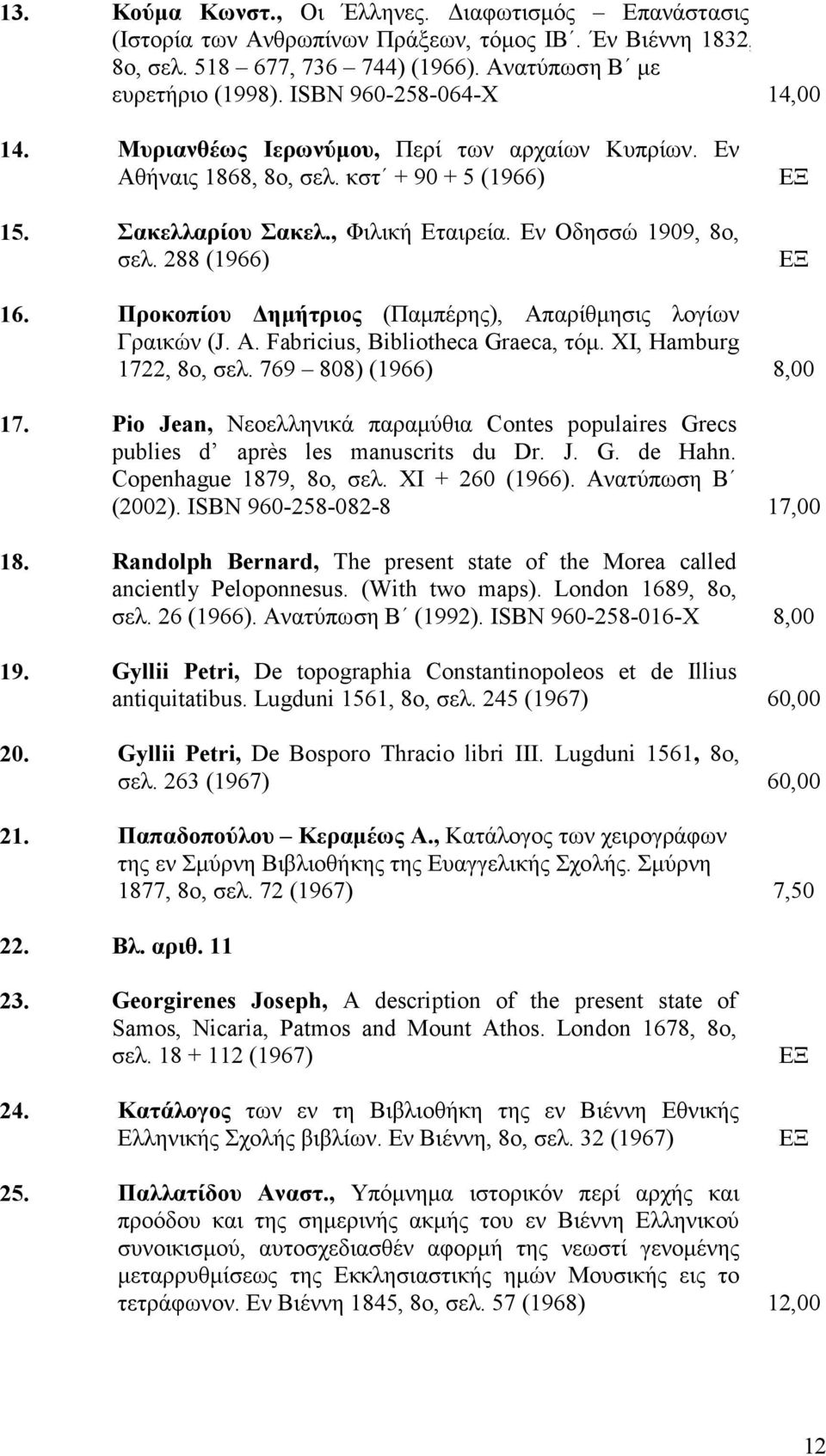 288 (1966) 16. Προκοπίου ηµήτριος (Παµπέρης), Απαρίθµησις λογίων Γραικών (J. A. Fabricius, Bibliotheca Graeca, τόµ. ΧΙ, Hamburg 1722, 8ο, σελ. 769 808) (1966) 8,00 17.
