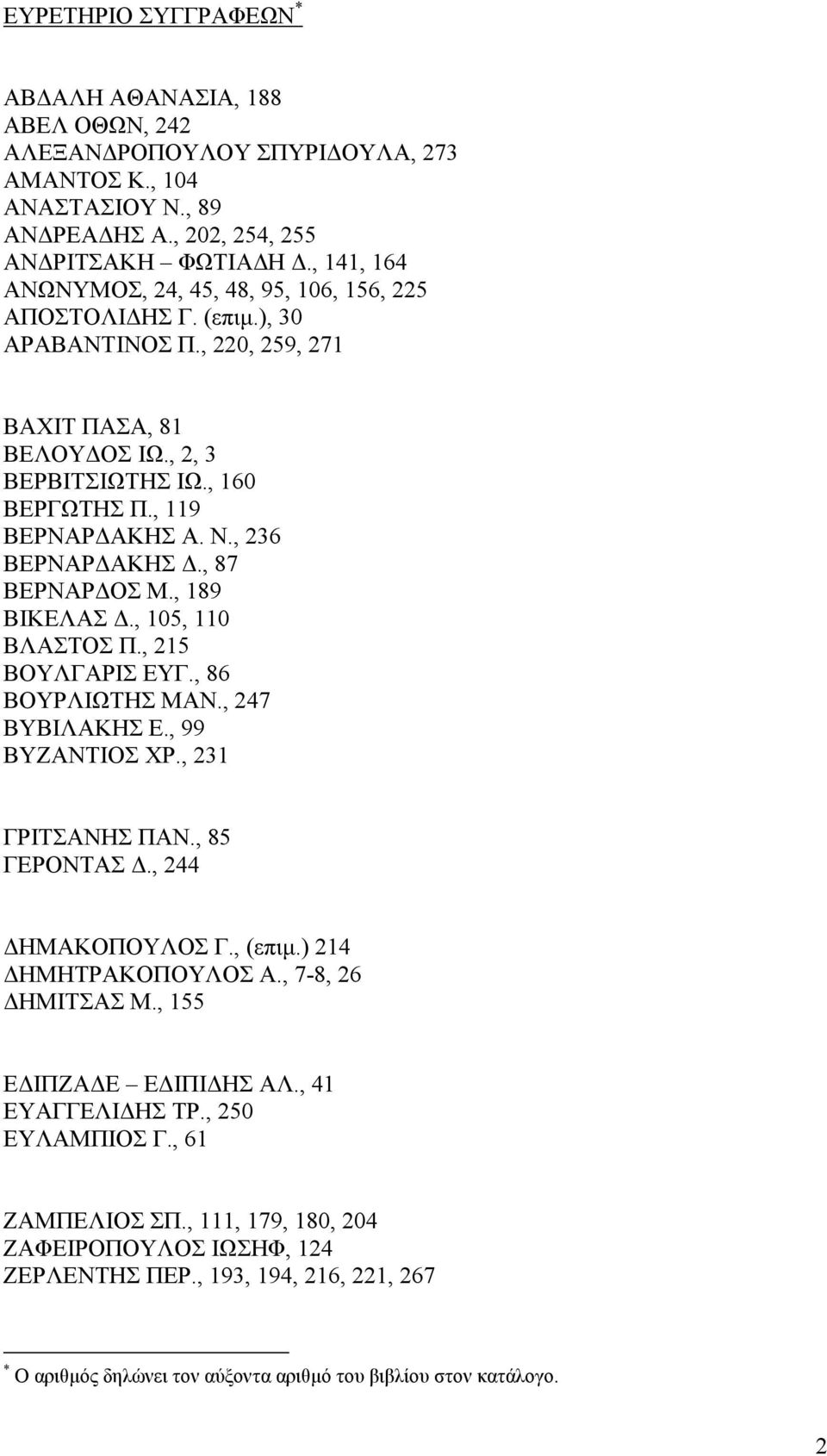 , 236 ΒΕΡΝΑΡ ΑΚΗΣ., 87 ΒΕΡΝΑΡ ΟΣ Μ., 189 ΒΙΚΕΛΑΣ., 105, 110 ΒΛΑΣΤΟΣ Π., 215 ΒΟΥΛΓΑΡΙΣ ΕΥΓ., 86 ΒΟΥΡΛΙΩΤΗΣ ΜΑΝ., 247 ΒΥΒΙΛΑΚΗΣ Ε., 99 ΒΥΖΑΝΤΙΟΣ ΧΡ., 231 ΓΡΙΤΣΑΝΗΣ ΠΑΝ., 85 ΓΕΡΟΝΤΑΣ., 244 ΗΜΑΚΟΠΟΥΛΟΣ Γ.