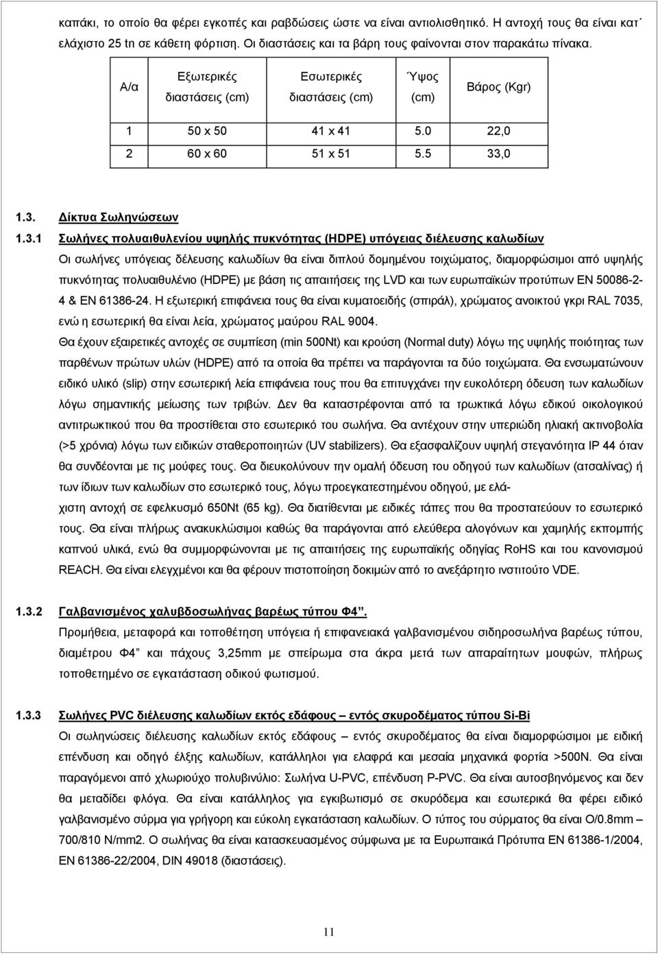 3. Δίκτυα Σωληνώσεων 1.3.1 Σωλήνες πολυαιθυλενίου υψηλής πυκνότητας (HDPE) υπόγειας διέλευσης καλωδίων Οι σωλήνες υπόγειας δέλευσης καλωδίων θα είναι διπλού δομημένου τοιχώματος, διαμορφώσιμοι από