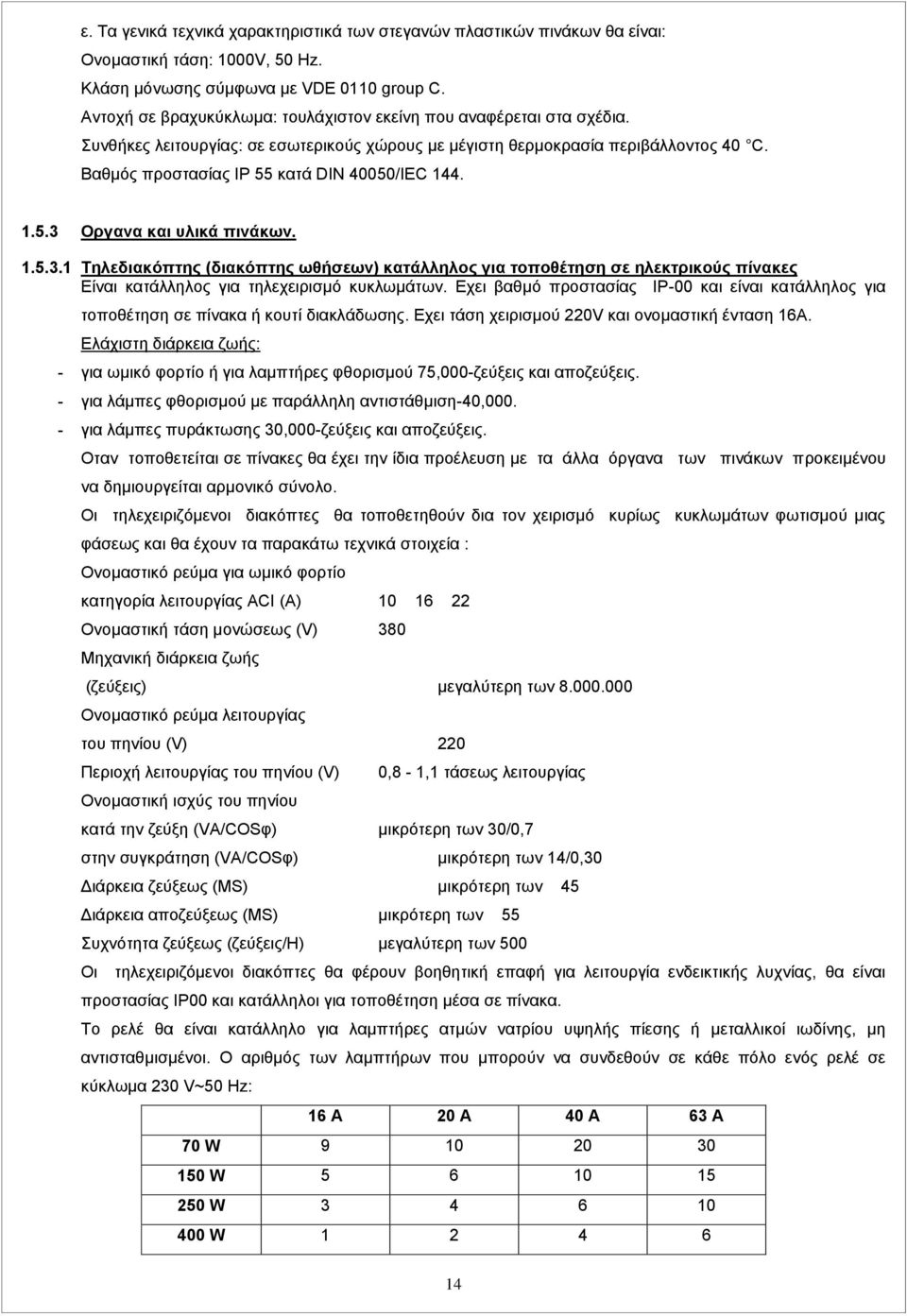 Βαθμός προστασίας ΙΡ 55 κατά DΙΝ 40050/ΙΕC 144. 1.5.3 Οργανα και υλικά πινάκων. 1.5.3.1 Τηλεδιακόπτης (διακόπτης ωθήσεων) κατάλληλος για τοποθέτηση σε ηλεκτρικούς πίνακες Είναι κατάλληλος για τηλεχειρισμό κυκλωμάτων.