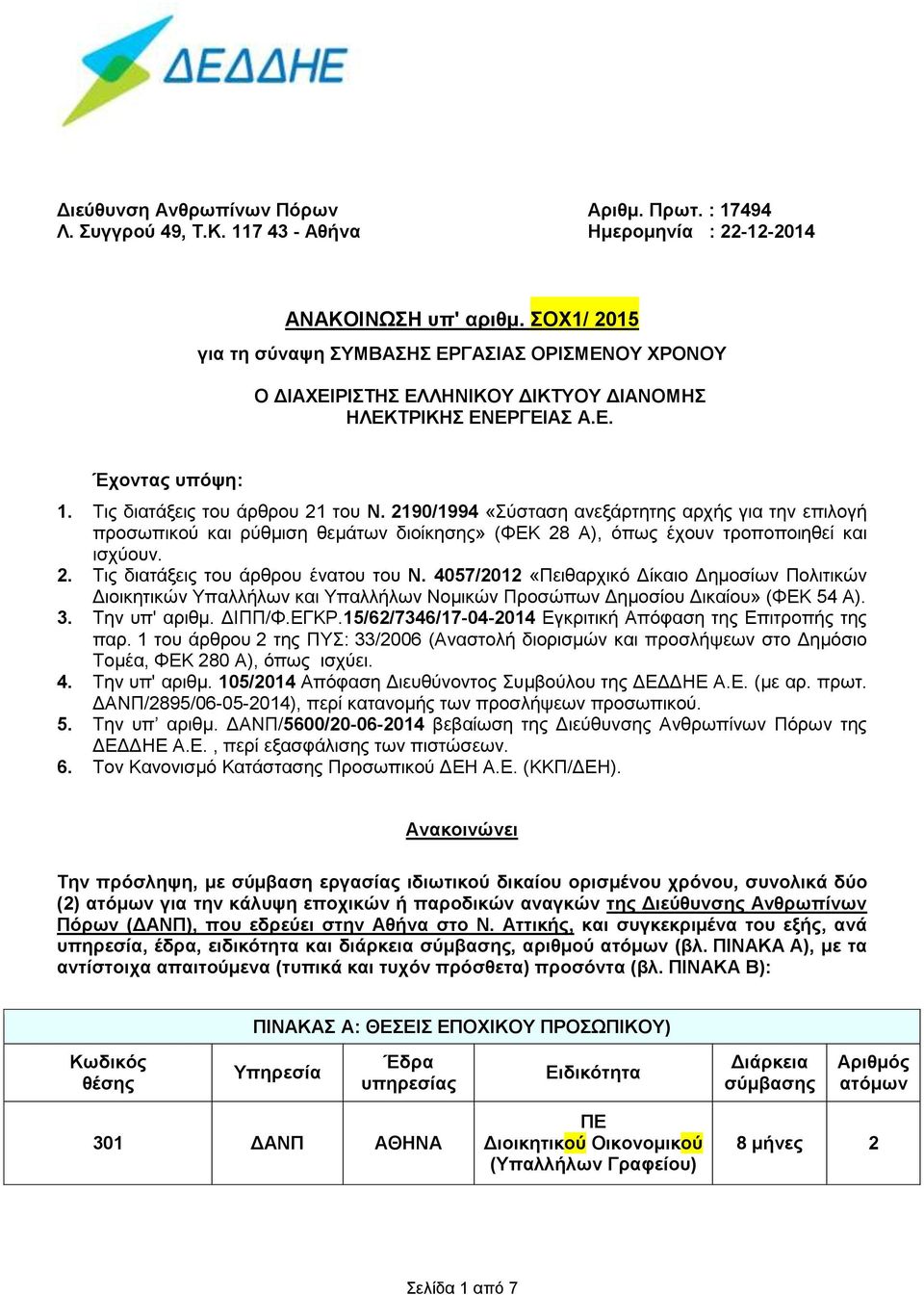 2190/1994 «Σύσταση ανεξάρτητης αρχής για την επιλογή προσωπικού και ρύθμιση θεμάτων διοίκησης» (ΦΕΚ 28 Α), όπως έχουν τροποποιηθεί και ισχύουν. 2. Τις διατάξεις του άρθρου ένατου του Ν.