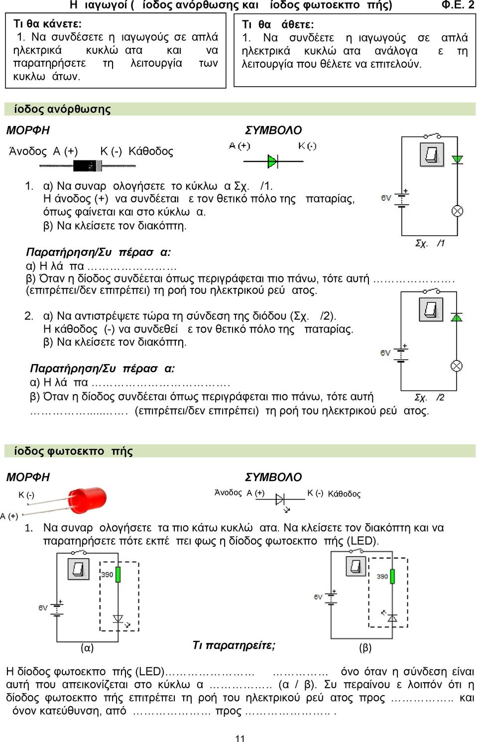 Δ/1. Η άνοδος (+) να συνδέεται με τον θετικό πόλο της μπαταρίας, όπως φαίνεται και στο κύκλωμα. β) Να κλείσετε τον διακόπτη.