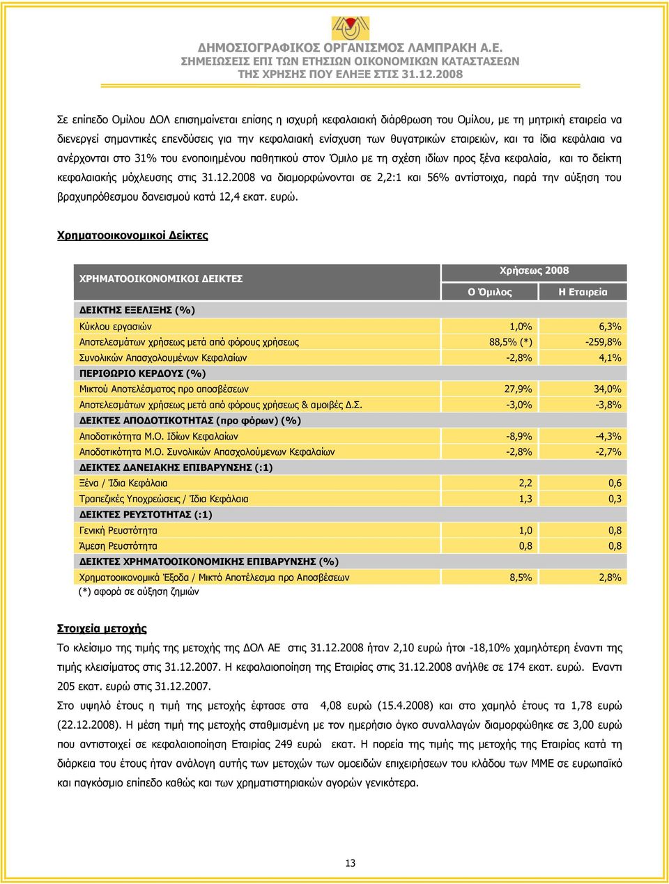 2008 να διαµορφώνονται σε 2,2:1 και 56% αντίστοιχα, παρά την αύξηση του βραχυπρόθεσµου δανεισµού κατά 12,4 εκατ. ευρώ.