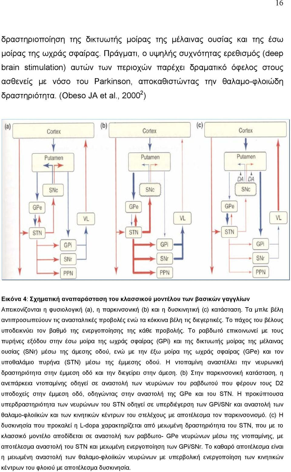 (Obeso JA et al., 2000 2 ) Εικόνα 4: Σχηματική αναπαράσταση του κλασσικού μοντέλου των βασικών γαγγλίων Απεικονίζονται η φυσιολογική (a), η παρκινσονική (b) και η δυσκινητική (c) κατάσταση.