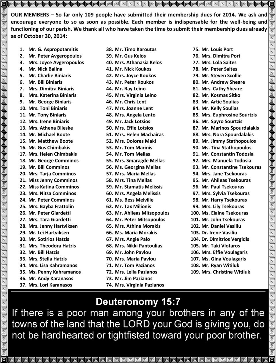Aspropotamitis 2. Mr. Peter Avgeropoulos 3. Mrs. Joyce Avgeropoulos 4. Mr. Nick Balina 5. Mr. Charlie Biniaris 6. Mr. Bill Biniaris 7. Mrs. Dimitra Biniaris 8. Mrs. Katerina Biniaris 9. Mr. George Biniaris 10.