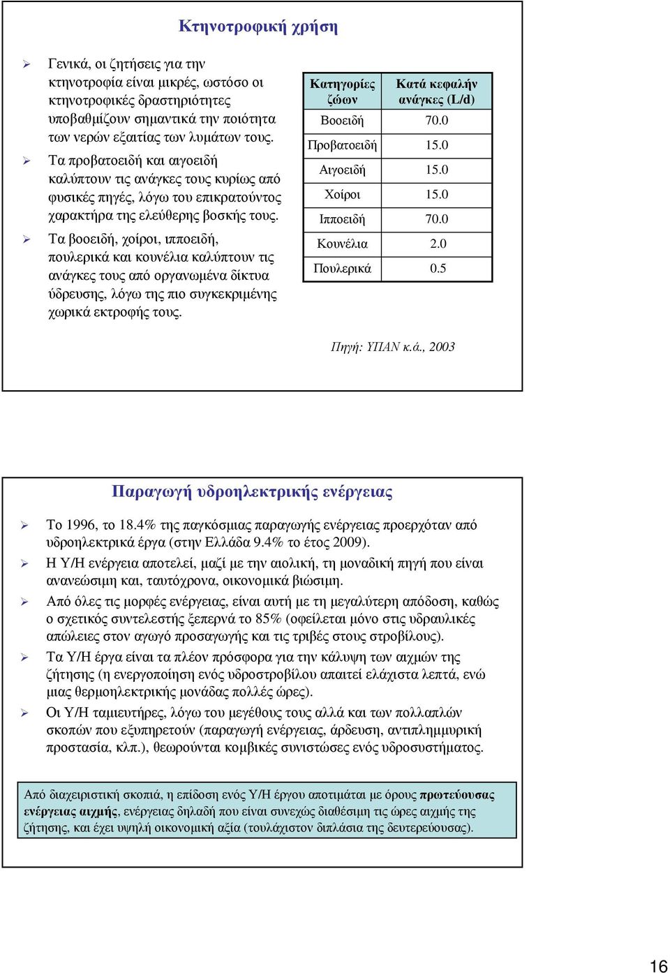 Ταβοοειδή, χοίροι, ιπποειδή, πουλερικά και κουνέλια καλύπτουν τις ανάγκες τους από οργανωµένα δίκτυα ύδρευσης, λόγω της πιο συγκεκριµένης χωρικά εκτροφής τους.