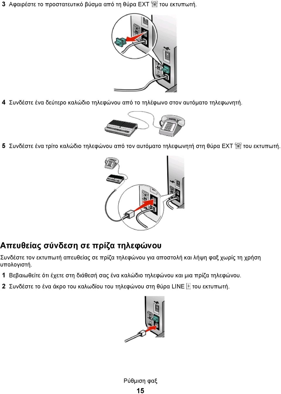 5 Συνδέστε ένα τρίτο καλώδιο τηλεφώνου από τον αυτόματο τηλεφωνητή στη θύρα EXT του εκτυπωτή.