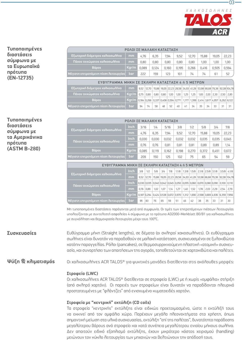 τους 100⁰C. Συσκευασίες Ψύξη & κλιματισμός Ευθύγραμμα μήκη (Straight lengths), σε δέματα (οι σκληροί χακοσωλήνες).