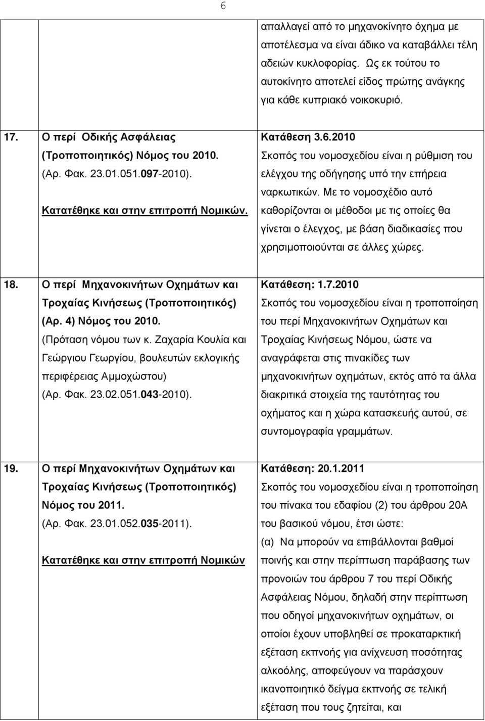 2010 Σκοπός του νομοσχεδίου είναι η ρύθμιση του ελέγχου της οδήγησης υπό την επήρεια ναρκωτικών.