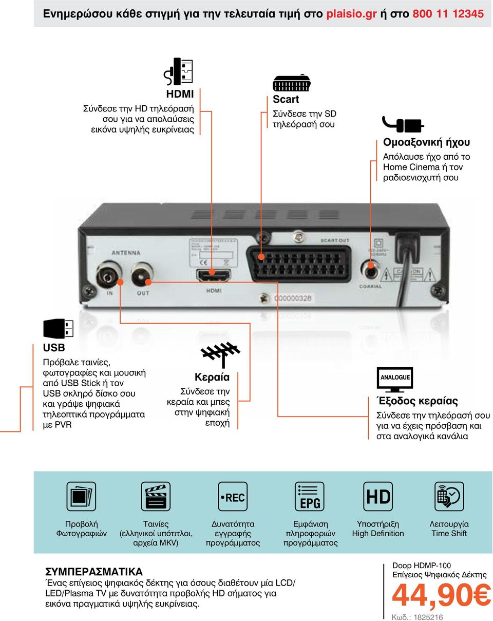 ραδιοενισχυτή σου USB Πρόβαλε ταινίες, φωτογραφίες και μουσική από USB Stick ή τον USB σκληρό δίσκο σου και γράψε ψηφιακά τηλεοπτικά προγράμματα με PVR Κεραία Σύνδεσε την κεραία και μπες στην ψηφιακή