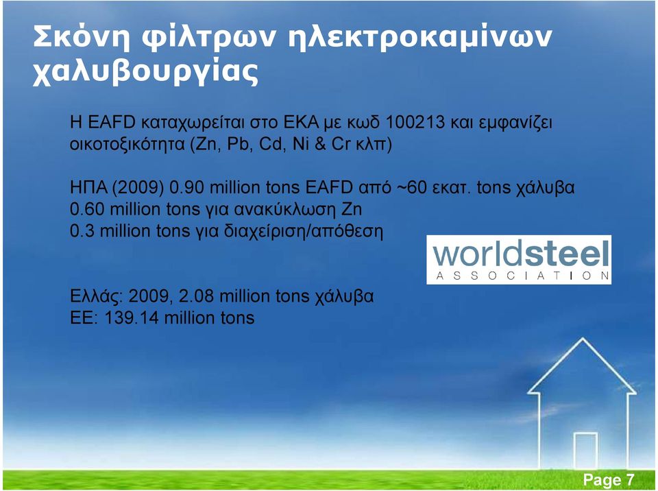 90 million tons EAFD από ~60 εκατ. tons χάλυβα 0.60 million tons για ανακύκλωση Zn 0.