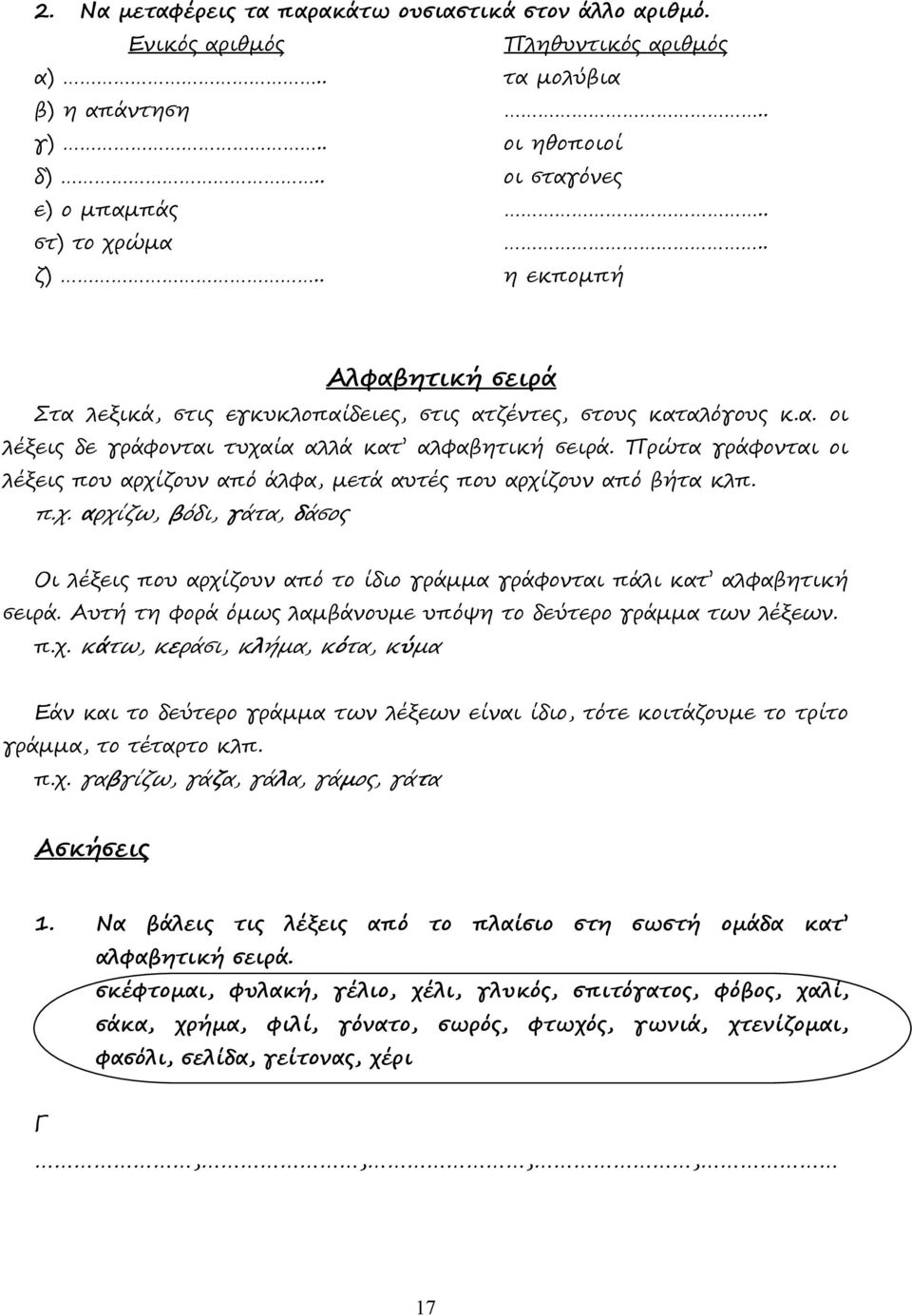 Πρώτα γράφονται οι λέξεις που αρχίζουν από άλφα, µετά αυτές που αρχίζουν από βήτα κλπ. π.χ. αρχίζω, βόδι, γάτα, δάσος Οι λέξεις που αρχίζουν από το ίδιο γράµµα γράφονται πάλι κατ αλφαβητική σειρά.