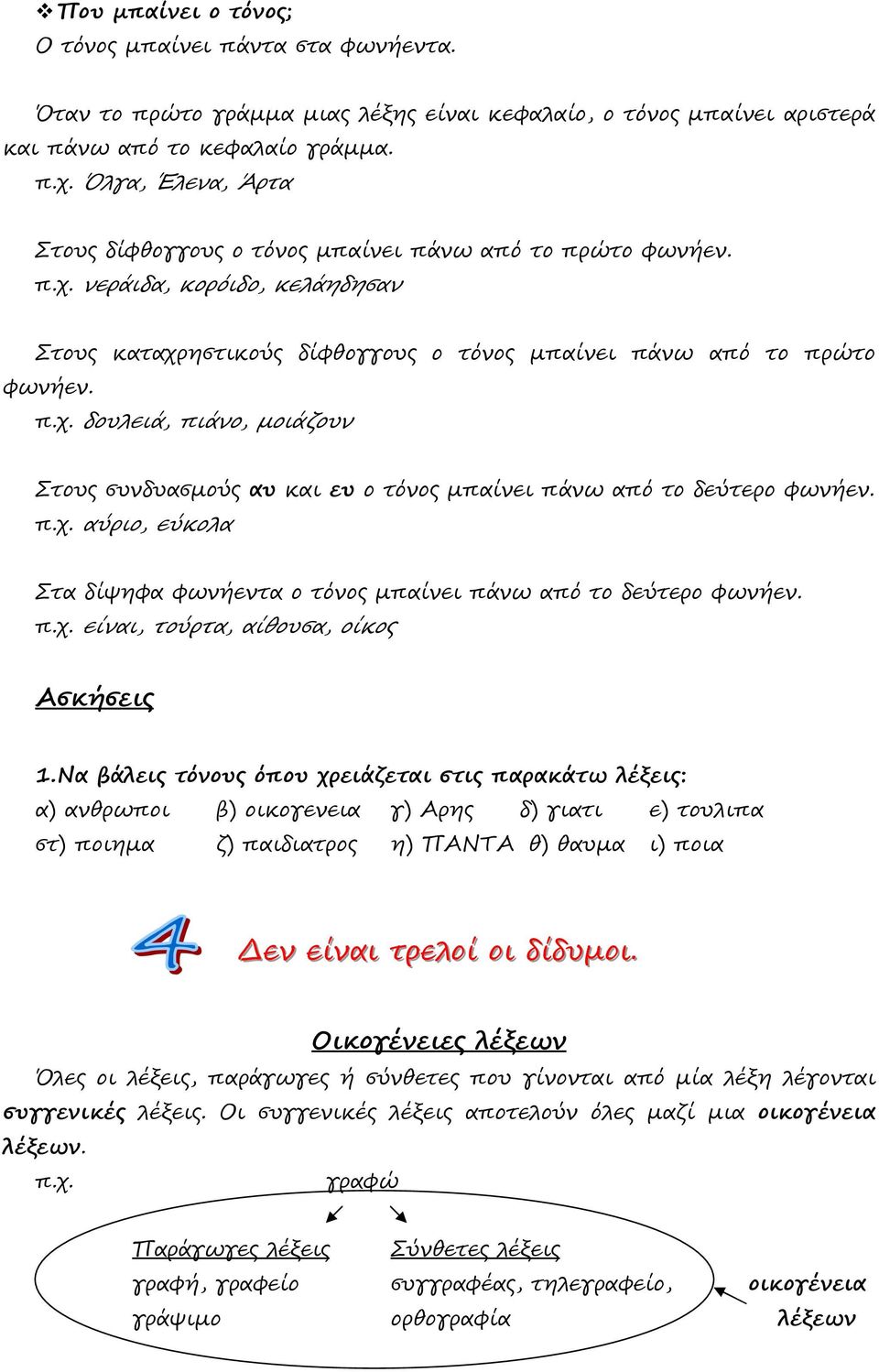 π.χ. αύριο, εύκολα Στα δίψηφα φωνήεντα ο τόνος µπαίνει πάνω από το δεύτερο φωνήεν. π.χ. είναι, τούρτα, αίθουσα, οίκος Ασκήσεις 1.