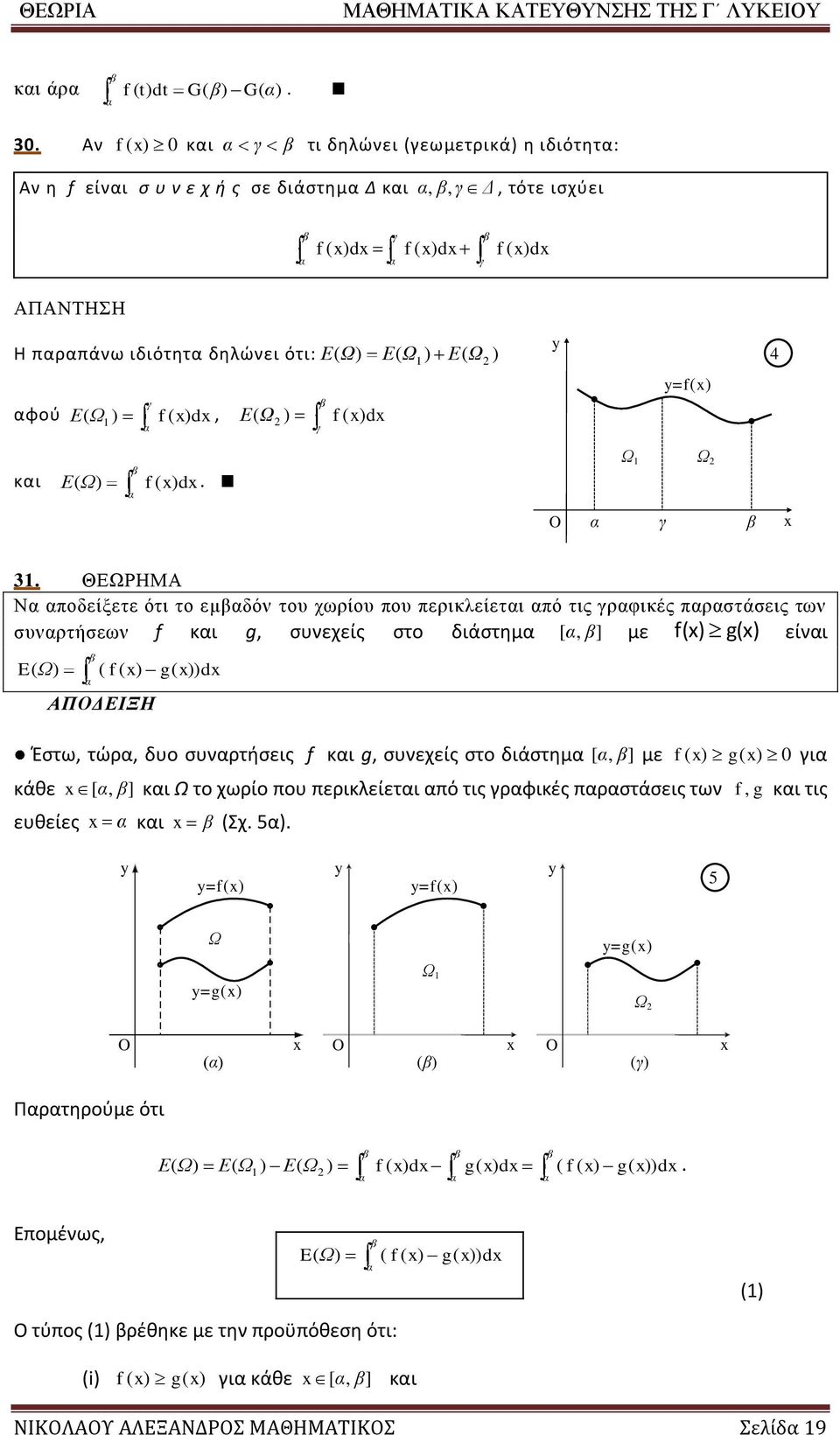 διάστημ [, ] με f είι E Ω f d Έστω, τώρ, δυο συρτήσεις f κι g, συεχείς στο διάστημ [, ] με f γι κάθε [, ] κι Ω το χωρίο που περικλείετι πό τις γρφικές πρστάσεις τω f, g κι τις