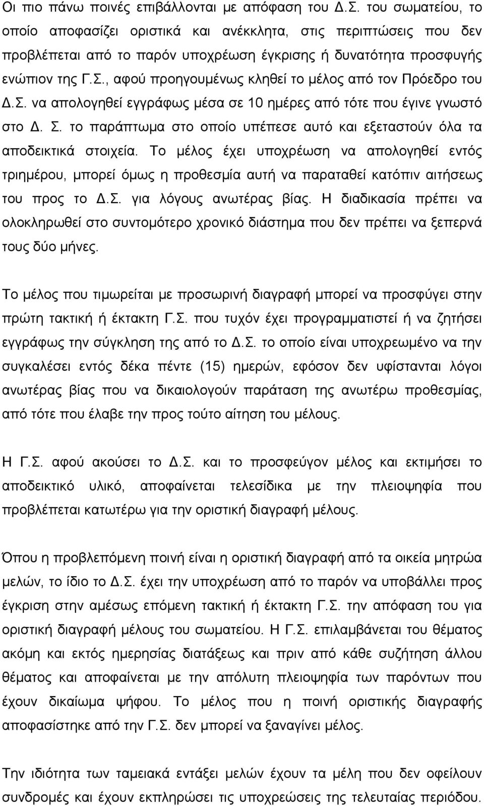 , αφού προηγουμένως κληθεί το μέλος από τον Πρόεδρο του Δ.Σ. να απολογηθεί εγγράφως μέσα σε 10 ημέρες από τότε που έγινε γνωστό στο Δ. Σ.