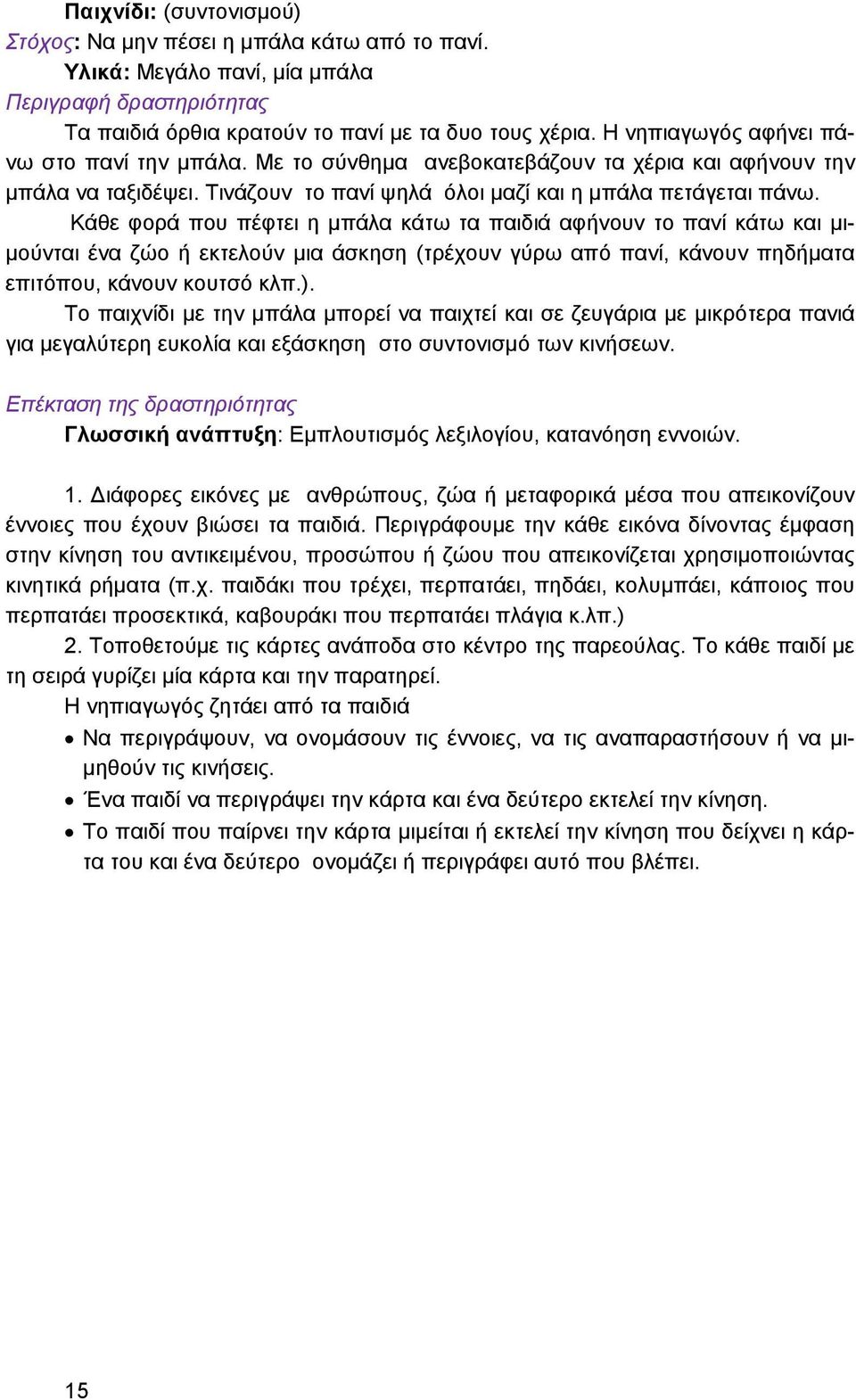 Κάθε φορά που πέφτει η μπάλα κάτω τα παιδιά αφήνουν το πανί κάτω και μιμούνται ένα ζώο ή εκτελούν μια άσκηση (τρέχουν γύρω από πανί, κάνουν πηδήματα επιτόπου, κάνουν κουτσό κλπ.).