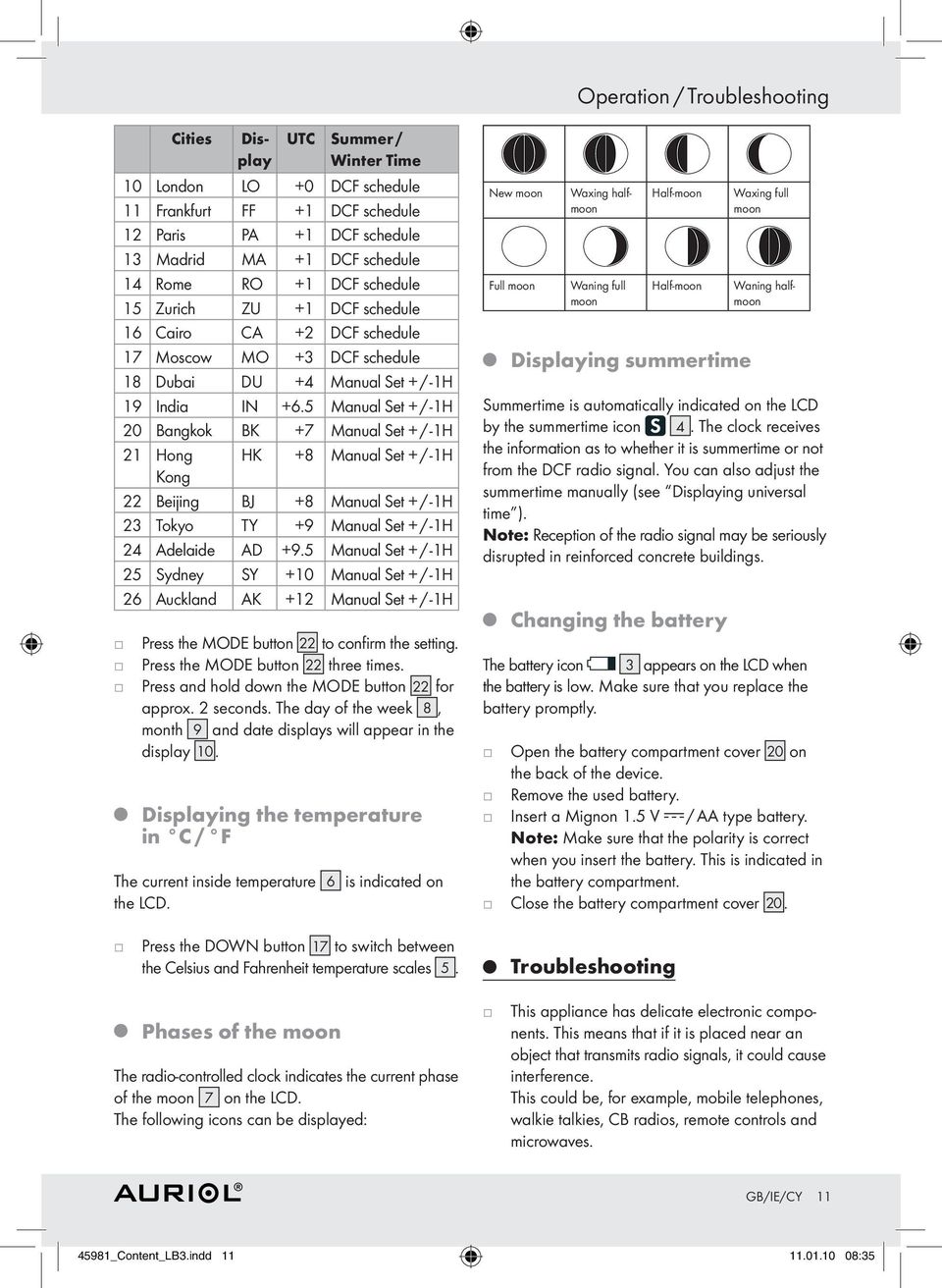 5 Manual Set + /-1H 20 Bangkok BK +7 Manual Set + /-1H 21 Hong HK +8 Manual Set + /-1H Kong 22 Beiing B +8 Manual Set + /-1H 23 Tokyo TY +9 Manual Set + /-1H 24 Adelaide AD +9.